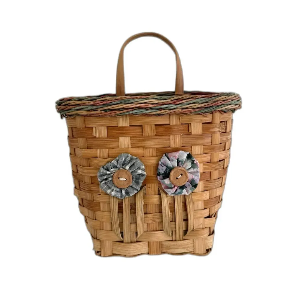 Vintage Woven Hand Made Hanging Wall Door Basket with YoYo Flowers Buttons